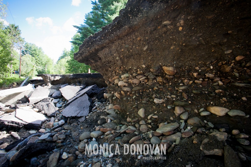 A cross section of Route 100 the morning after Irene. Large swaths of road were torn open and 260 roads were closed after flash floods swept across the state.