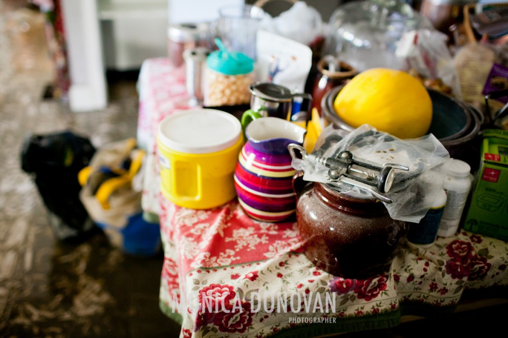Belongings are stacked on a table in Lucy's house in Waterbury Center, Vermont the morning after Irene swept through, filling the first floor with three and a half feet of water.